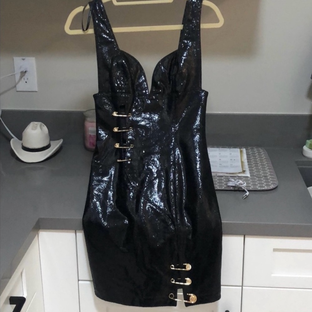 Versus Versace Black Sequin Mini Dress with iconic Versace gold pin hardware